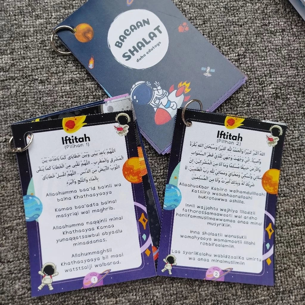 Flashcards Bacaan Solat Kanak-Kanak – Astronaut Blue / Flower Pink | 10×14cm | Teks Arab + Latin