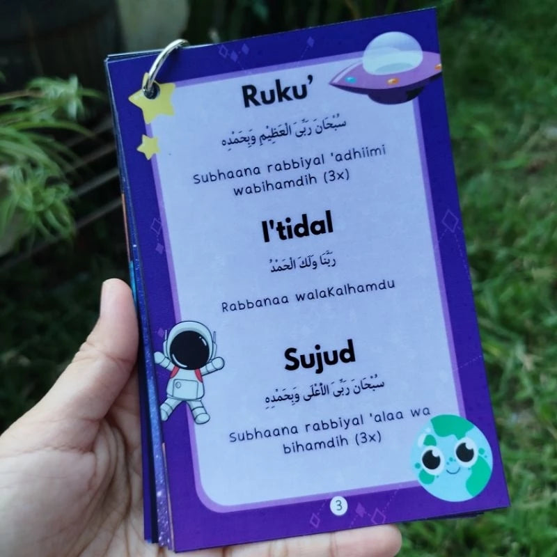 Flashcards Bacaan Solat Kanak-Kanak – Astronaut Blue / Flower Pink | 10×14cm | Teks Arab + Latin